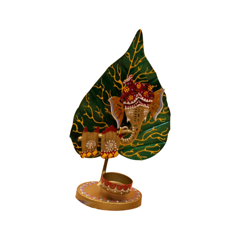 Iron Painted Leaf Ganesh Tealight Candle Stand